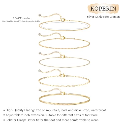 Image of Ankle Bracelets for Women, Silver Layered Glitter Waterproof Anklet for Women 14K Gold Plated Anklets Sterling Silver Layered Moon Pendant Anklet Summer Beach Waterproof Anklet for Women