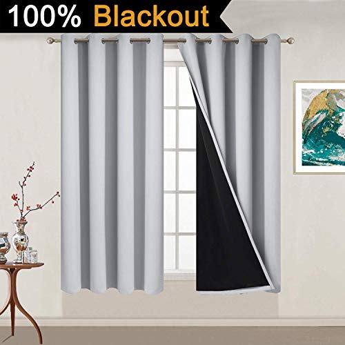 Image of Yakamok 100% Blackout Curtains Energy Saving Thermal Insulated 2 Thick Layers Completely Blackout Drapes with Black Liner for Bedroom (52Wx54L, Light Grey, 2 Panels)