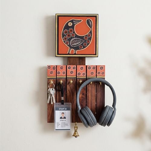 Image of AAKRITI ART CREATIONS Key Holder, Pichhwai Handcrafted Tiles Key Holder Panel Hooks | Rustic Wood Wall Organizer with 6 Hooks | New Home Gifts | Multifunctional Entryway Decor.
