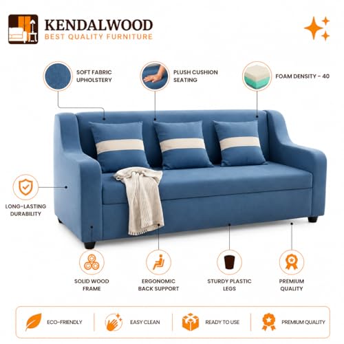 Image of KENDALWOOD Furniture 3 Seater Fabric Curve Handle Sofa for Living Room Furniture | 3 Seater Sofa | Sofa for Home & Office | Fabric Color:- Blue