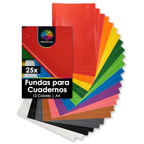OfficeTree 25x Fundas de Cuadernos A4 – 12 Colores – Aspecto de Rafia - incluidas 25 Etiquetas - Forrar Libros Escolares para el Colegio y la Oficina - Fundas de Plastico para Libros y Cuaderno