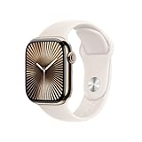 Apple Watch Series 10 GPS + Cellular Smartwatch con Caja de Titanio Oro de 42 mm y Correa Deportiva Blanco Estrella - Talla S/M. Monitor de entreno, App ECG, Pantalla Retina Siempre Activa