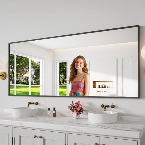 Koonmi Bathroom Mirror 30x71 Matte Black Bathroom Wall-Mounted Mirrors Modern Rectangle Vanity Mirror HD Tempered Glass Aluminum Alloy Frame Allow to Hang Horizontally or Vertically