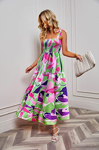 Image of kinstell Women's Summer Boho Spaghetti Strap Square Neck Ruffle Casual Flowy Long Dress Beach Swing Party Maxi Dress