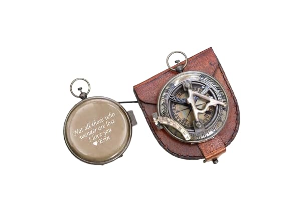 Brújula de latón personalizada con reloj de sol vintage, incluye caja de madera grabada, regalo único para hombres miniatura 5