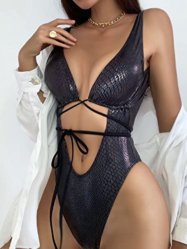 Women's Metallic Snakeskin One Piece Swimsuits Rave Outfit Bathing Suits4