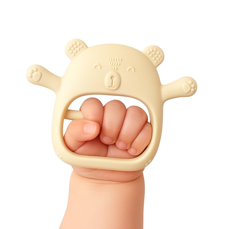 Image of Nubokind Wrist-Fit Elephant Sensory Teething Toy for Babies 3-12 Months | Food-Grade Silicone No-Drop Teether | BPA-Free Activity Toy for 3-6 Months & 6-12 Months | Soft Infant Chew Toy (Beige)