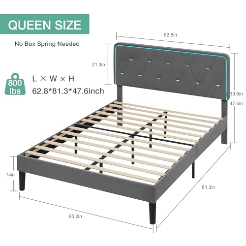 VECELO Upholstered Queen Bed Frame with Headboard Adjustable, Velvet Platform Bed with LED Lights, Charging Station, Mattress Foundation with Wooden Slats, Noise Free, No Box Spring Needed, Soft Grey