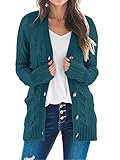 MEROKEETY Women's 2025 Fall Long Sleeve Cable Knit Cardigan Sweater Open Front Button Loose Outerwear Teal