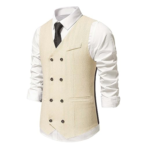 Zeiyignr Mens Business Casual Suit Vest V Neck Double Breasted Dress Vests Tweed Slim Fit Waistcoat for Wedding Formal Party