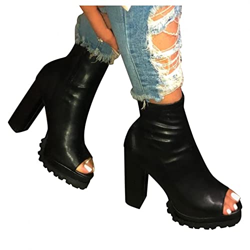 Image of Hbeylia Platform Boots For Women Ladies Fashion Punk Open Toe Chunky Block High Heels Ankle Booties Leather Peep Toe Wedge Dressy Pump Mid Calf Boots For Halloween Christmas Party Favor