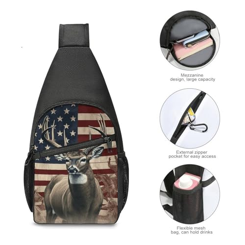 Americana Flag Deer Sling Bag Bolsa liviana cruzada para senderismo miniatura 5