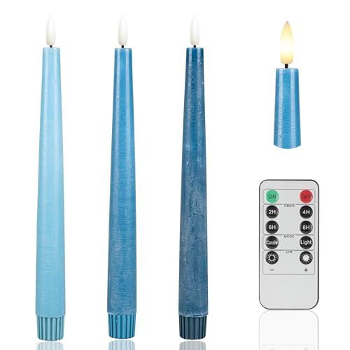 Image of Blue Flameless Taper Candles, 9.6 inch Real Wax Battery Operated Candles with Remote, 3 Pack Flickering, Gradient Candlesticks, Fake Candle for Home, Wedding, Party Decor