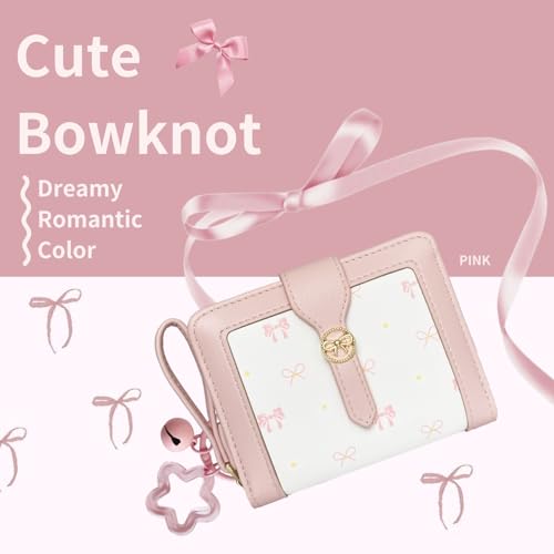 Image of Cute Wallet Girls Bow Small Little Wallets For Women Zipper Coin Pocket Purse (Pink)