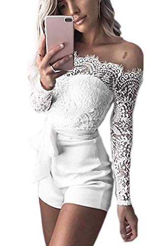 Jumojufol L'épaule De Dentelle Femmes Bodycon Culotte Courte Robe Dos Nu Mosaïque des Barboteuses Ceinture Combinaisons White XS