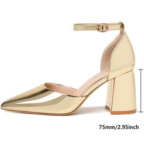 Image of RIBONGZ Block Heels for Women Closed Pointed Toe Heeled Slingback Chunky High Heel Ankle Strap Pumps Patent Leather Comfort Dressy Shoes for Work Party Prom Wedding Bridal Dress