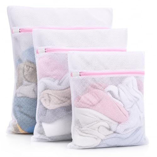 Image of Zollyss Mesh Laundry Bag for Washing Machine, Pack of 3 Wash Bags with Zipper, Reusable Laundry Net Bag for Delicates, Bra, Lingerie, Socks & Baby Clothes, White