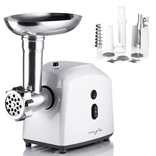 MYRIA Fleischwolf Elektrisch- 1300W Meat Grinder, Hackfleisch Maschine mit Edelstahl Messer- Kompakte 2-in-1 Fleischmaschine mit Wurstfüller Cover