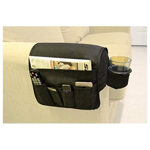CupComfort Sofa Armrest Organizer with a Cup Holder - Anti Slip Couch Organizer with Caddy - Good for Recliners with Flat Down Armrest - Organizer with 5 Pockets (9 Inches Width, Black)