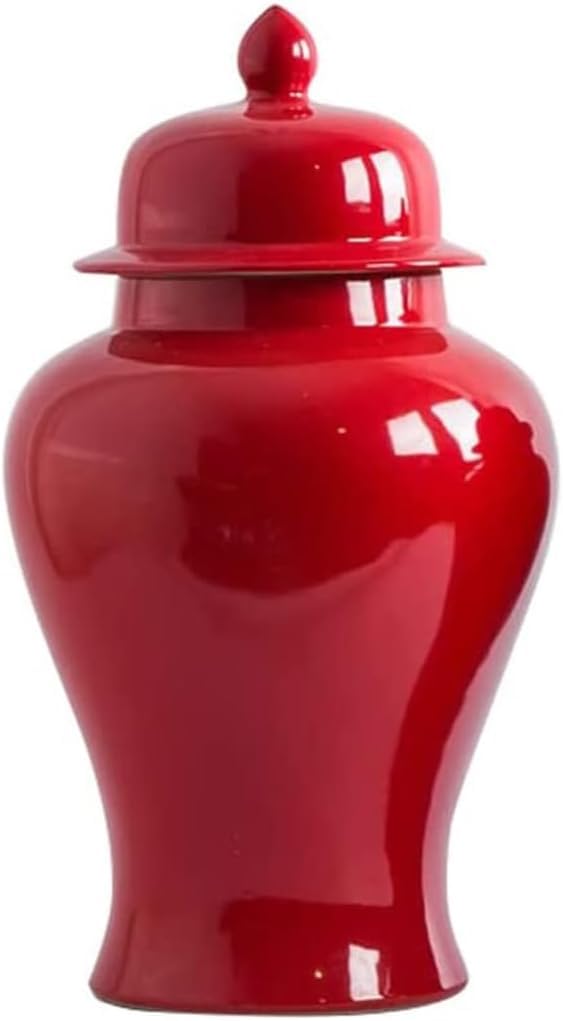 Vase Tabletop Solid Red Ceramic Ginger Jar with Lid for Tradition Flower Chinoiserie Porcelain Temple