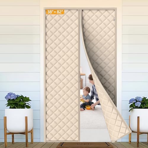 Yotache Magnetic Thermal Insulated Door Curtain Fits 38 x 82 inch Doors, Curtain Size 40" x 84" Weatherproof Oxford & Cotton Fill Door Covers to Keep Warm in Winter, Beige
