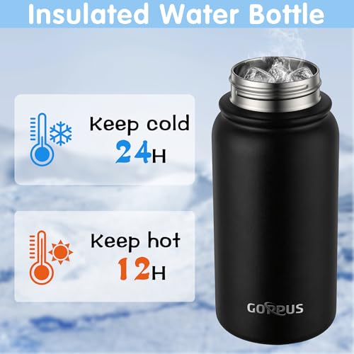 Image of GOPPUS Kids 12oz Insulated Stainless Steel Water Bottle, Leakproof Vacuum Tumbler with Carry Handle, Fits Cup Holders, Reusable Water Bottle for School Outdoor, Boys & Girls（Black）