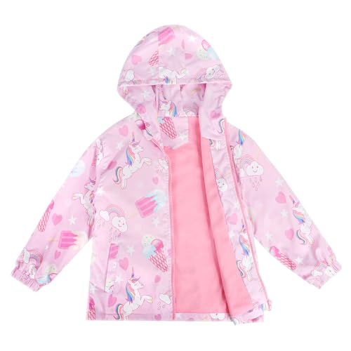 LACOFIA Girl's Waterproof Jacket with Fleece Lined Kid's Windbreaker School Hooded Coat Children Outdoor Raincoat for Autumn/Early Winter Pink 7-8 Years