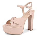 Wetviro Women's Platform High Heels With Bow Decoration,Comfortable Open Toe,Ankle Strap Design,Nude Platform High Heels Suitable for Wedding,Party and Banquet Formal Outfits.