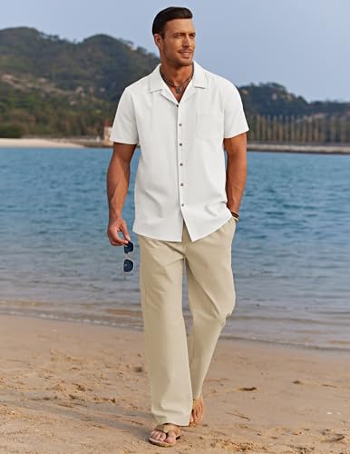 Image of COOFANDY Men 2 Piece Linen Outfit Beach Button Down Shirt Casual Loose Pant Sets