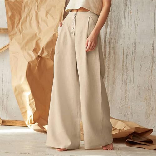 Women's Button Down Wide Leg Linen Pants Summer Loose Fit High Waist Lounge Palazzo Trousers with Pockets4