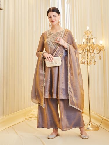 Image of MOKOSH Women's Silk Anarkali Kurta Palazzo with Dupatta | Anarkali Kurti Set | Embroidered | Sweetheart Neck Full Sleeve Ethnic Suit | 3 Piece Outfit