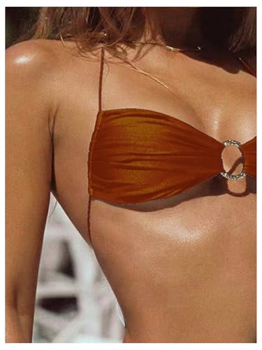 Image of SOLY HUX Bathing Suit for Women Halter Ring Linked Tie Side Bikini Sets Two Piece Swimsuit
