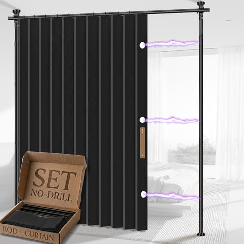 AJAZZ Room Divider Curtain (Black W100 x L84 in 1 Panel)+ Tension Curtain Rod No Drilling (H) 43-120(W) 35-100 in for Privacy/Soundproof Curtains Heavy Duty Wall Separator