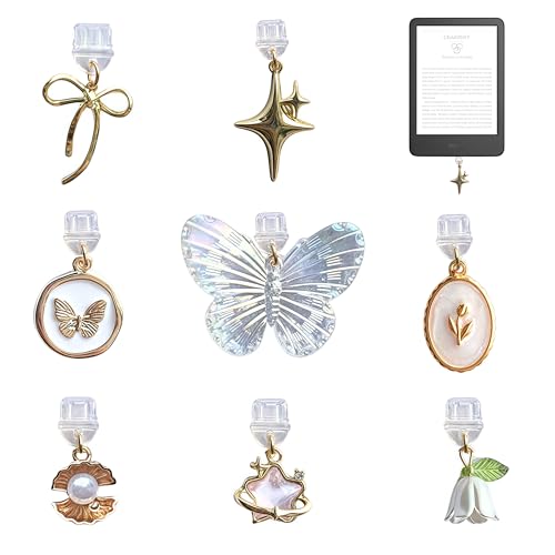 Romukuku 8 Pcs Charms for Kindle Butterfly Star Bow Flower Design Compatible with Kindle and Phone Type C Charging Ports