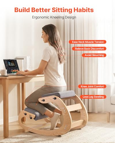 Image of VEVOR Ergonomic Kneeling Chair, Wooden Posture Knee Chair with Adjustable Thick Foam Cushions & Solid Wood Frame, Adjustable Height, Relief for Neck or Back Pain for Home, Office or Meditation, Gray