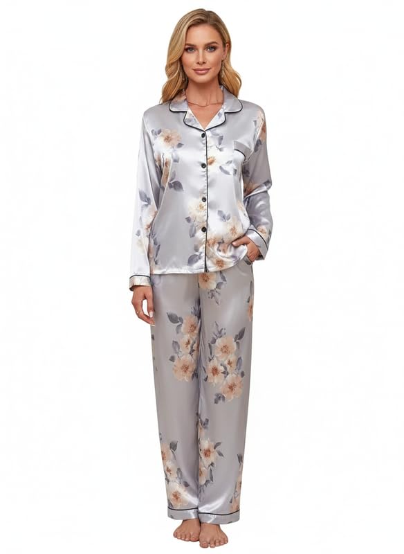 Image of Night Suit for Women with Full Sleeve Button-Down Top with Pant Dress for Woman, Night Dress for Woman, Cotton Two-Piece Loungewear Set