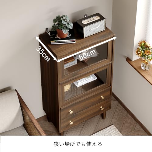 FUFU&GAGA サイドボード 幅60x奥行35cm 木製 キャビネット 引き出し付き リビングボード 扉付き 大容量 おしゃれ インテリア家具 転倒防止 おしゃれ ウールナット [5]
