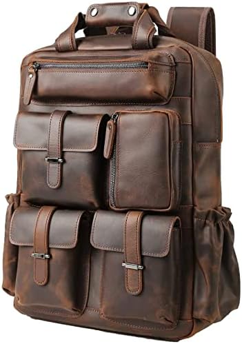 Masa Kawa Genuine Leather Backpack for Men Vintage 15.6 Inch Laptop Bag Multi Pockets Rucksack Casual Travel Daypack Brown