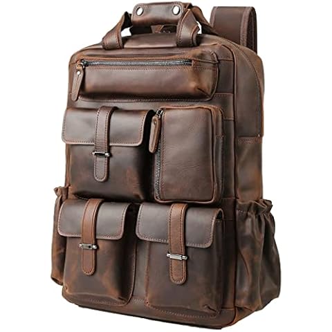 Genuine Leather Backpack for Men Vintage 15.6 Inch Laptop Bag Multi Pockets Rucksack Casual Travel Daypack Brown Cover