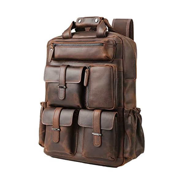 Masa Kawa Leather Backpack for Men Vintage 15.6 Inch Laptop Bag Multi Pockets Casual Travel Daypack Brown
