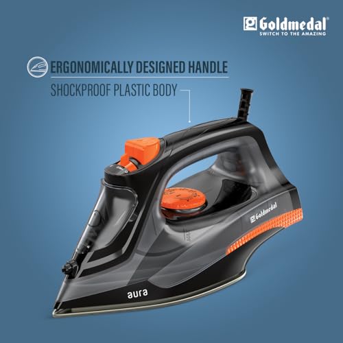 Image of Goldmedal Aura 1400W Steam Iron| Non-stick Premium Single Coated Soleplate| 5 Fabric Setting|1.8 Meter Cord|360 Swivel Cord| Indicator Lamp for Heating| 2.5 Years Warranty| Light Weight (Black)