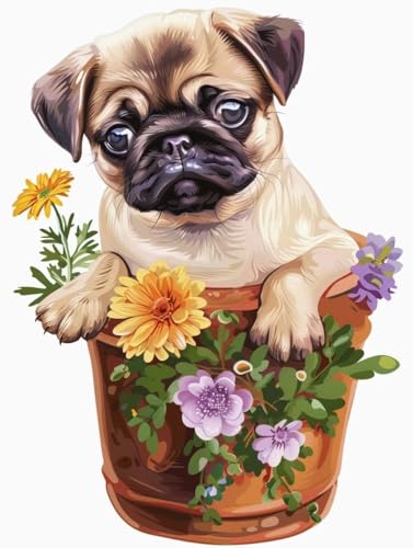 Diamond Painting Chien et Fleurs 50x65 cm | Kit Broderie Diamant Complet