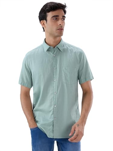 Image of Parx Men Slim Fit Solid Pattern Pure Cotton Button Down Collar Half Sleeve Casual Shirt