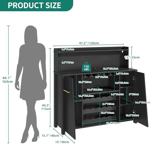 DWVO-Sideboard-Buffet-Cabinet-wLED-Lights-47-Coffee-Bar-Cabinet-with-Storage-Wine-Rack-and-Glass-Holder-Liquor-Cabinet-wAdjustable-Shelf-for-Living-Room-Kitchen-Dining-Room-Black DWVO Sideboard Buffet Cabinet wLED Lights 47 Coffee Bar Cabinet with Storage Wine Rack and Glass Holder Liquor Cabinet wAdjustable Shelf for Living Room Kitchen Dining Room Black