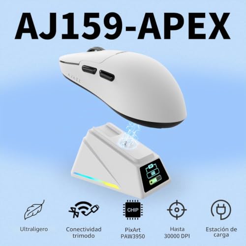Ratón gaming inalámbrico AJAZZ AJ159 Apex blanco con base magnética RGB de carga 2