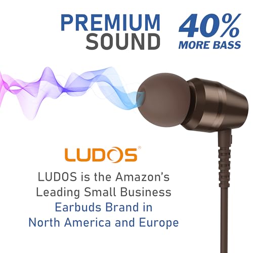 Image of LUDOS OMNITONE Wired Earbuds in-Ear Headphones, 5 Year Warranty, Earphones with Microphone, 3.5 mm Jack Corded Ear Buds, Videoconference for iPhone, Samsung, Laptop, Kids, School Students - Brown