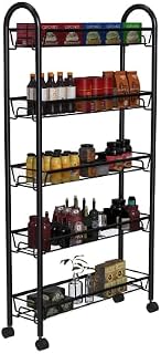 5-Tier Storage Rack, WASJOYE Utility Cart Gap Mesh Wire Kitchen Sauce Organization Trolley Rolling Cart with Lockable Wheels for Office, Bathroom, Nursery, School Supplies, Narrow Place (Black)