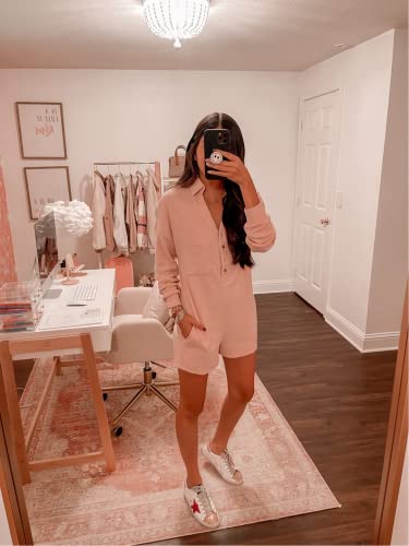 Saodimallsu Womens V Neck Button Romper Casual Waffle Knit Long Sleeve Playsuit Short One Piece Jumpsuit Outfit With Pocket #TOP4