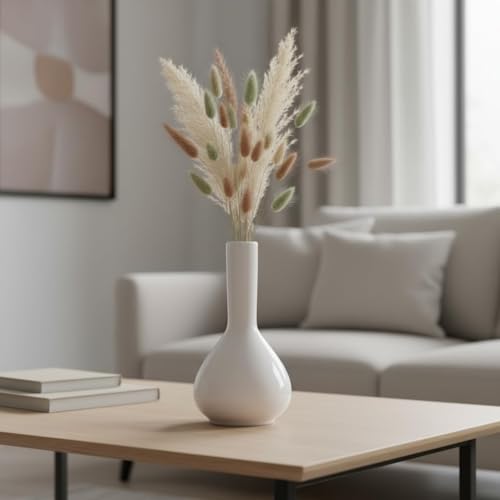 Image of PUREZENTO Raindrop White Ceramic Bud Vase 5.31 Inch - Set of 1 | Glossy White Decorative Bud Vase for Dried Flowers & Pampas Grass | Vases for Modern Home Decor, Living Room, Office Decor & Gifting