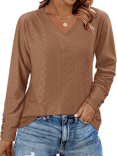 KISSMODA Long Sleeve Fall Shirts For Women V Neck Tunic Tops Embroidered Button Down Knitted Blouses 2025